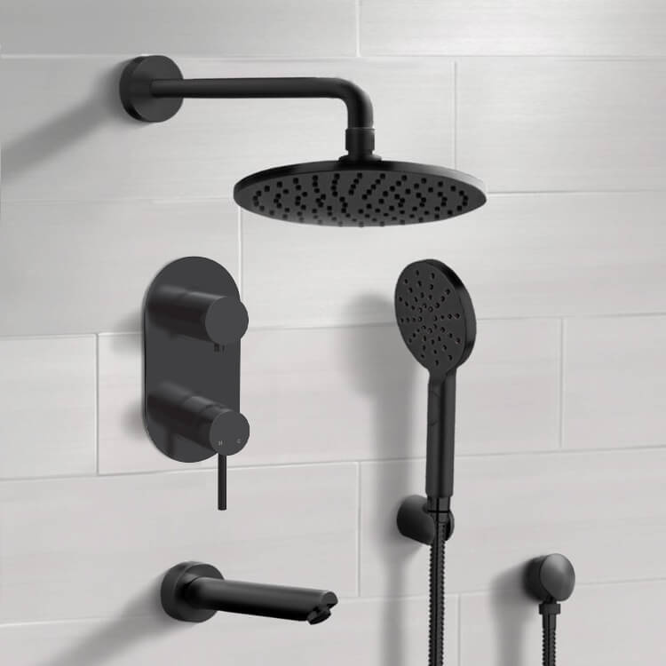 Remer TSH70 Matte Black Tub and Shower System With 8 Inch Rain Shower Head and Hand Shower